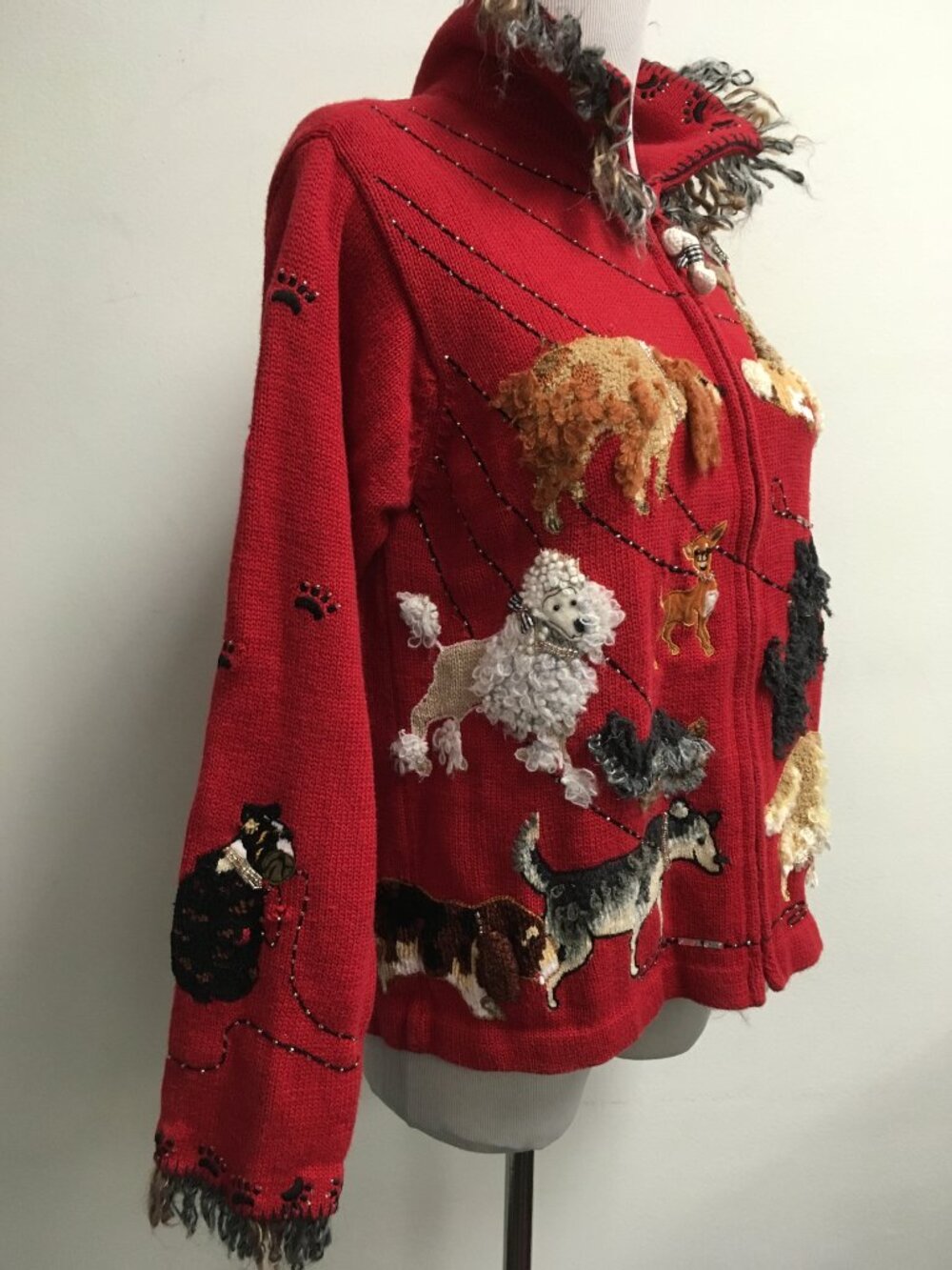 DESIGN OPTIONS red cardigan dog sweater S must love embroidered poodle terrior